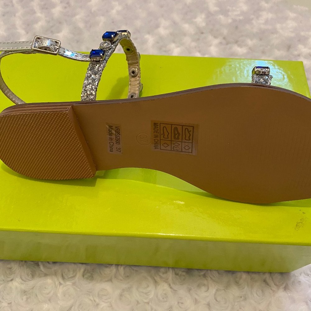 Versace Jeans Ladies Blue Glitter Mirror Flat Sandals-37 - Picture 4 of 12